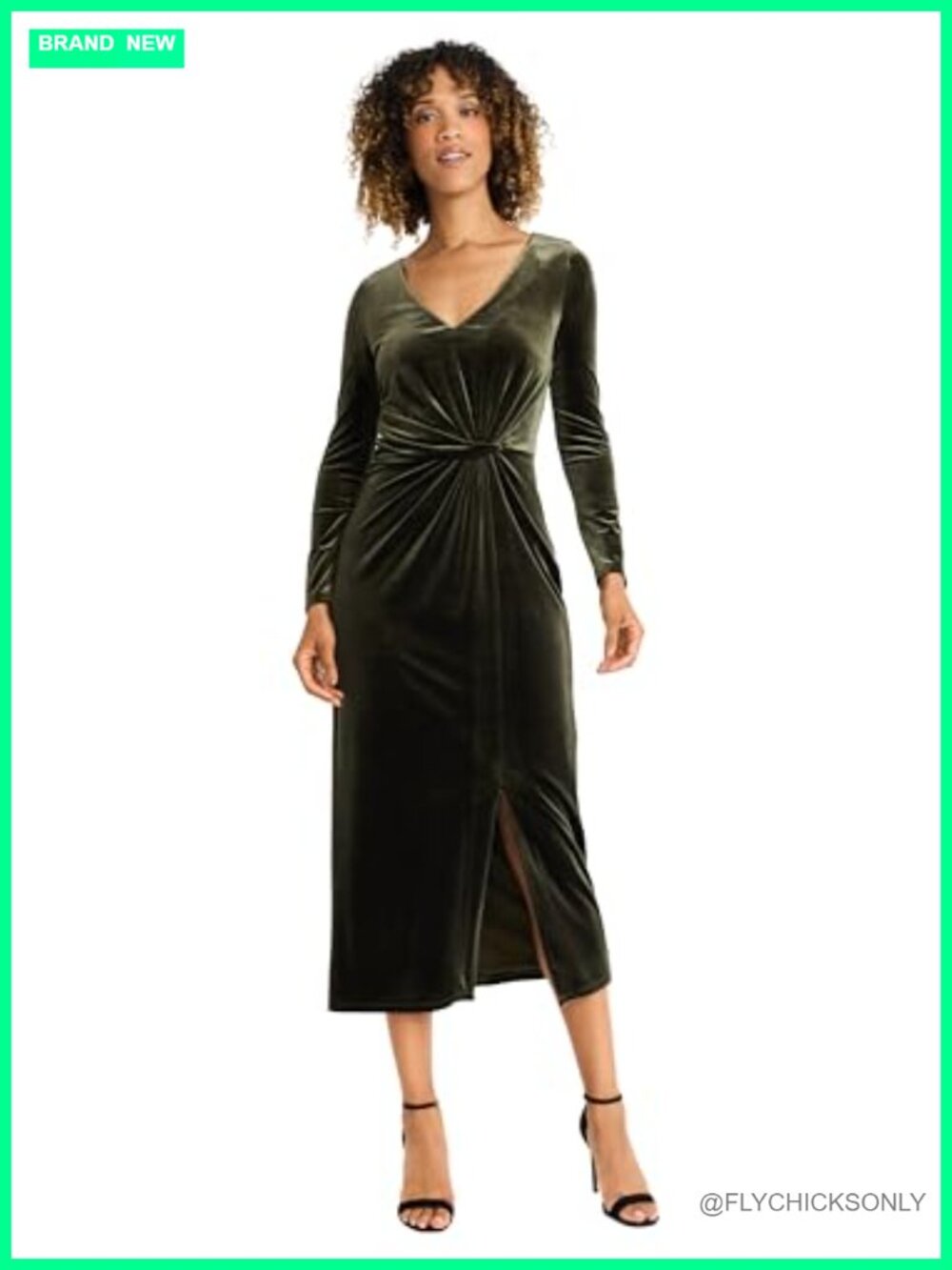 Velvet Long Sleeve Midi Dress with Draped Knot Waist and Slit